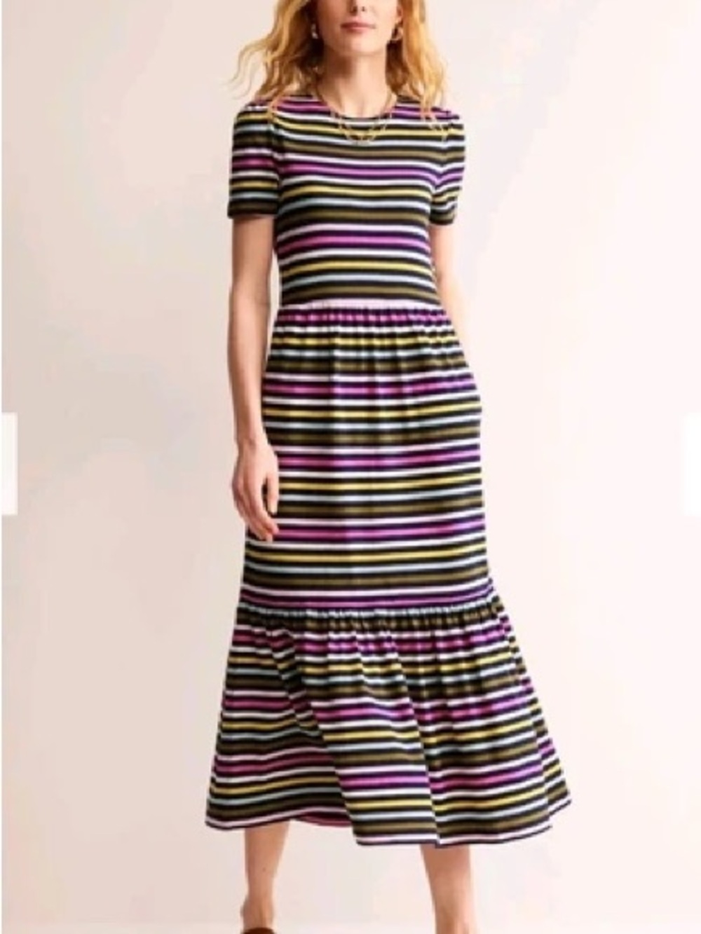 Boden Emma Tiered Jersey Striped Short-Sleeve Midi Dress
